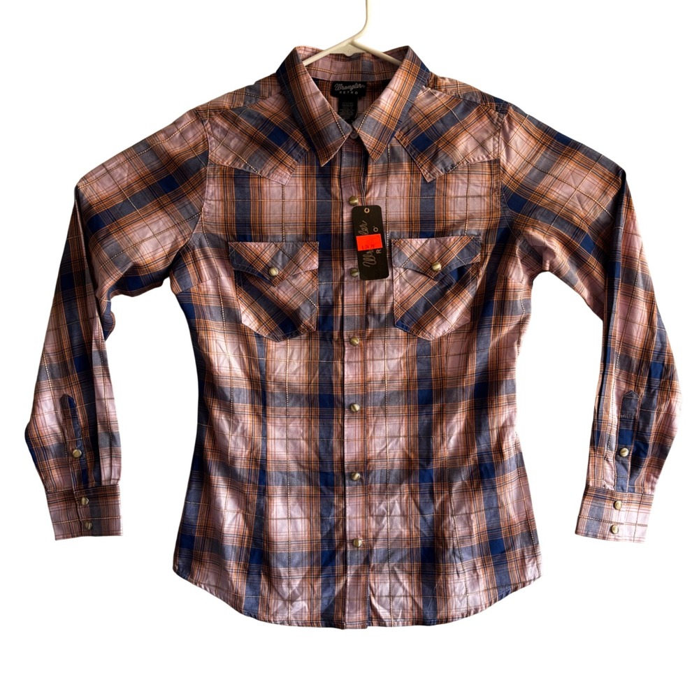 Wrangler Retro Womens Plaid Western Pearl Snap Shirt Medium Cowgirl Rodeo Orange